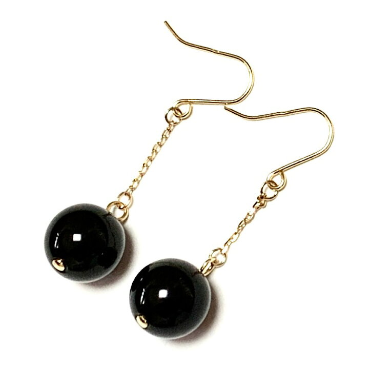 楽天市場】【Rvaru】 K18 オニキス ピアス 8mm チェーンフックピアス  