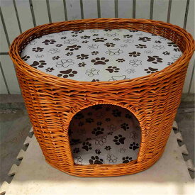ラタン 猫用ハウス ドーム型 藤編み ペットベッド 二階 猫ネスト 犬 小型犬 柳編み 細工品 手編み ラタンかご ペットハウス 小動物用ケージ 天然素材 丈夫 洗える 春夏用 涼しい 通気性 インテ
