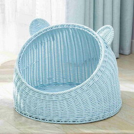 ラタン ペットベッド 猫ハウス 夏用 可愛い猫耳型 プラスチック藤編み 通気性 通年利用 ねこ キャットハウス イヌ 小型犬 うさぎ 小動物用ケージ ラタンかご 洗濯可能 お洒落 編み物 寝台 休憩所