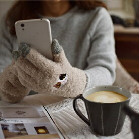 手袋　グローブ　スマホ手袋　フワモコ　ミケネコ　ネコちゃん【メール便利用商品です】