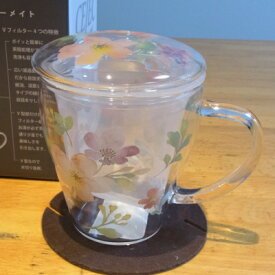 マグカップ　耐熱ガラス製　セレック　日本製　蓋付き　茶こし付き　チャミエル ティーメイト　花柄
