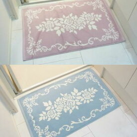 バスマット　綿100％（バラのジャガード織込み柄）カワサキ：お値打ち品　コットンマット　ピンク／ブルー