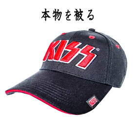 キッス KISS 正規品 キャップ RED ON WHITE LOGO ブラック 黒 CAP 帽子 ロゴ ロゴ刺繍 サイズ調整可 タグ付 ベースボールキャップ バンドキャップ ローキャップ オフィシャル メンズ レディース