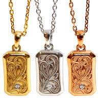 ハワイアンジュエリー ネックレス 刻印 名入れ プレート スクロール 波 石 キュービックジルコニア 金属…