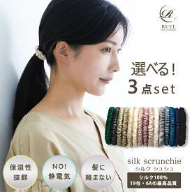 【5倍＋クーポン150円OFF】【自由に選べる3本セット】シルクシュシュ お得 シルク ヘアゴム シュシュ シルクヘアゴム シルクゴム 髪ゴム ヘアゴム 大人 ヘアアクセサリー シルク100％ 静電気防止 ヘアポニー 福袋 春 夏 秋 冬 ギフト プレゼント ラッピング RUEL ルエル