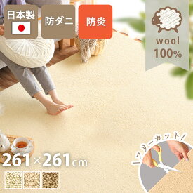 ラグ おしゃれ カーペット日本製 261×261cm 4.5畳 正方形 ウール100% 天然 防ダニ 抗菌防臭 防炎 防音 床暖対応 ラグ 無地 フリーカット はさみで切れる 通年 絨毯 シンプル こたつ 敷き詰め Pure Sheep ピュアシープ yh