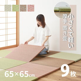 軽くて小さい置き畳 湊川 約65×65×2.5cm 【同色9枚セット】【約2.5畳】 抗菌 防臭 軽量 フロア畳 システム畳 キッズスペース い草 小さめ 縁なし 布団 ユニット畳 DIYカット可能 畳マット 琉球畳風 厚手 フロアー畳 フローリング畳