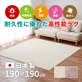 【10%OFFクーポン★6/8限定】ラグ カーペット おしゃれ ナイロン シャギーラグ 短め ララ 約190×190cm 【約2.5畳】 ラグ ラグマット 防ダニ 抗菌防臭 防炎 制電 防音効果 シンプル 無地 アイボリー ベージュオールシーズン 年中