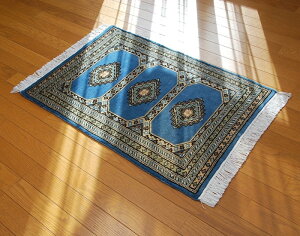 ◇限定品◇ 伝統の逸品 天然ウール100% 62×91cm パキスタン手織り パキスタン段通 ペルシャブルー ラグカーペット 約62×91