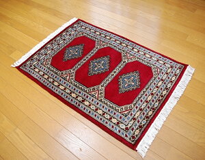 ◇限定品◇ 伝統の逸品 天然ウール100% 63×91cm パキスタン手織り パキスタン段通 レッド ラグカーペット 約63×91