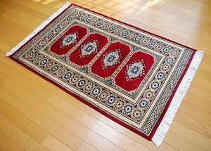 ◇限定品◇ 伝統の逸品 天然ウール100% 78×121cm パキスタン手織り パキスタン段通 レッド ラグカーペット 約78×121