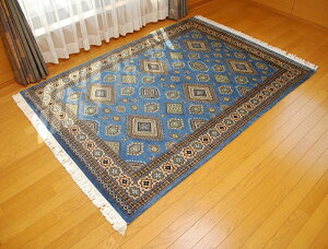 ◇限定品◇ 伝統の逸品 天然ウール100% 139×193cm パキスタン手織り パキスタン段通 ターコイズ ブルー ラグカーペット 約139×193
