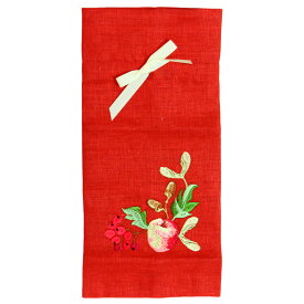 ウクライナ雑貨ウクライナ刺繍の巾着袋「りんごと木の実〜森の恵み」レッド　リネン100％30×14cm