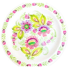 ウクライナ製 美しいペトリキウカ塗UAMAZE工房 木製飾りプレート華絵皿「白の貴婦人」ライラックの花