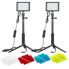 2パック卓上LEDビデオライトキット 調光可能5600K USBLEDビデオ照明 カラーフィルターと三脚スタンド付き 写真/ゲームライブストリーミング/ズームコール/ビデオ会議照明用