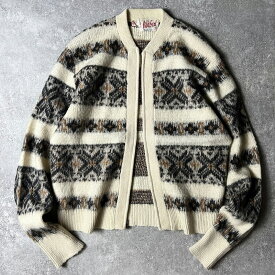 60s Rob Scot 総柄 ボーダー フルジップ 25% モヘア ラムウール ニット カーディガン S / 60年代 ビンテージ セーター グランジ モヘヤ 【中古】 古着 アメリカ古着 USED ユーズド 中古 VINTAGE US古着 アメカジ