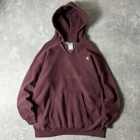 雰囲気系 80s 三角タグ Carhartt RWタイプ ロゴ刺繍 スウェット フード パーカー / 80年代 カーハート ビンテージ トレーナー エンジ 【中古】 古着 アメリカ古着 USED ユーズド 中古 VINTAGE US古着 アメカジ