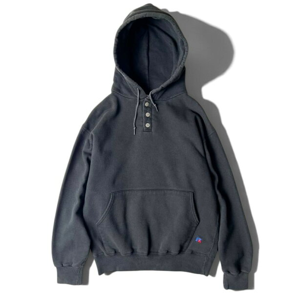 90s USA製 RUSSELL ヘンリ―ネック スウェット フード パーカー M / 90年代 アメリカ製 ラッセル トレーナー HIGH COTTON ブラック 黒 【中古】 古着 アメリカ古着 USED ユーズド 中古 VINTAGE US古着 アメカジ