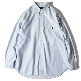 BIG SHIRT 90s RALPH LAUREN ストライプ 長袖 コットン オックスフォード ボタンダウン シャツ XL / 90年代 POLO ポロ ラルフローレン 白 青 【中古】 古着 アメリカ古着 USED ユーズド 中古 VINTAGE US古着 アメカジ