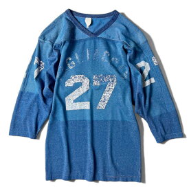 雰囲気系 70s UNKNOWN 4面 プリント Vネック ジャージ フットボール Tシャツ / 70年代 ビンテージ ブルー ロンT 青 襤褸 【中古】 古着 アメリカ古着 USED ユーズド 中古 VINTAGE US古着 アメカジ