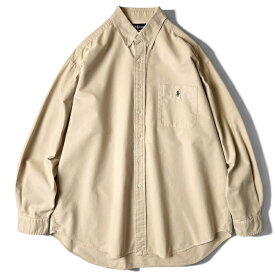 BIG SHIRT 90s RALPH LAUREN 長袖 コットン ボタンダウン シャツ L / 90年代 POLO ポロ ラルフローレン カーキ ベージュ ポケット付き 【中古】 古着 アメリカ古着 USED ユーズド 中古 VINTAGE US古着 アメカジ
