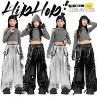 革 ブラック カーゴパンツ シルバー ダンス衣装 キッズ 子供服 へそ出し 女の子 フード付き 長袖 オフシ…