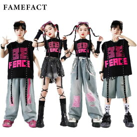ダンスウェア 演出服 子供服 セットアップ ストリート系 ヒップホップ タンクトップ ダメージ 短パン デニムパンツ ダンス衣装
