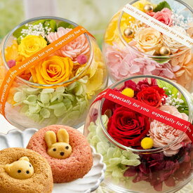 プリザーブドフラワー スイーツ ギフト 【プチヴェールローズ スイーツセット】 友だち 誕生日プレゼント お菓子 母親 妻 祖母 女性 還暦祝い 米寿 古希 喜寿 結婚祝い 退職祝い お祝い ガラス アレンジ かわいい 花 プレゼント ブリザードフラワー メッセージカード