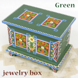 ポーランド　フォークアート 木の小箱　木製　小物入れ　宝石箱 グリーンハンドメイド彩色 東欧雑貨　ジュエリーボックス