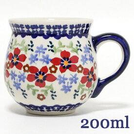 ポーランド陶器・食器 マグカップS 0.2L 深みのある赤のお花柄 マニュファクトゥラ社　K67-MM01 ポーリッシュポタリー　ポーランド食器