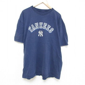 【中古】古着 マジェスティック 半袖Tシャツ メンズ MLB ニューヨークヤンキース 大きいサイズ 2L LL ビッグシルエット ゆったり ビッグサイズ オーバーサイズ コットン クルーネック 丸首 紺 ネイビー メジャーリーグ ベースボール 野球 XLサイズ 中古 中古メンズ半袖