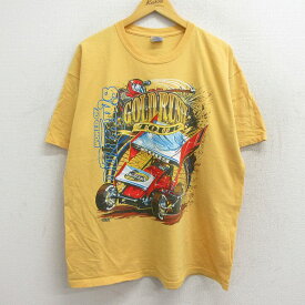 【中古】古着 半袖 ビンテージ ヴィンテージTシャツ メンズ レーシングカー ゴールドラッシュ コットン クルーネック 丸首 黄 イエロー XLサイズ 中古 | 春夏 夏物 夏服 メンズファッション カットソー ティーシャツ ティシャツ メンズTシャツ 半袖Tシャツ 半袖ティー