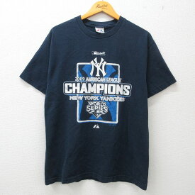 【中古】古着 マジェスティック 半袖 ビンテージ ヴィンテージTシャツ メンズ 00年代 00s MLB ニューヨークヤンキース ワールドシリーズ コットン クルーネック 丸首 紺 ネイビー メジャーリーグ ベースボール 野球 Lサイズ 中古 | 春夏 夏物 夏服 ヴィンテージTシャツ