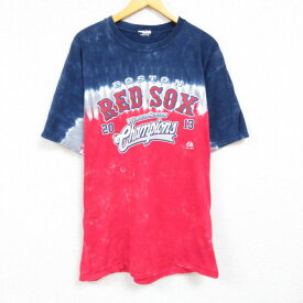 【中古】古着 マジェスティック 半袖Tシャツ メンズ MLB ボストンレッドソックス クルーネック 丸首 紺他 ネイビー タイダイ メジャーリーグ ベースボール 野球 XLサイズ 中古 中古メンズ半袖プリントキャラクター