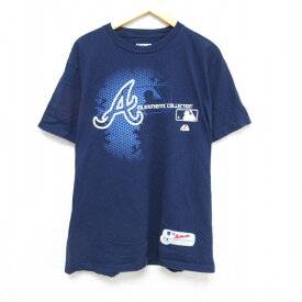 【中古】古着 マジェスティック 半袖Tシャツ メンズ MLB コットン クルーネック 丸首 紺 ネイビー メジャーリーグ ベースボール 野球 Lサイズ 中古 中古メンズ半袖プリントキャラクター