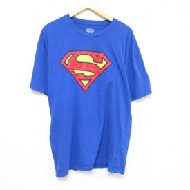 【中古】古着 半袖Tシャツ メンズ DCコミックス スーパーマン コットン クルーネック 丸首 青 ブルー XLサイズ 中古 中古メンズ半袖プリントキャラクター 2OF