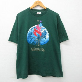 【中古】古着 ヘインズ Hanes 半袖 ビンテージ ヴィンテージTシャツ メンズ 90年代 90s アトランタオリンピック 地球 コットン クルーネック 丸首 USA製 アメリカ製 濃緑 グリーン XLサイズ 中古 | 春夏 夏物 夏服 ヴィンテージTシャツ メンズファッション カットソー