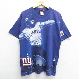 【中古】古着 リーボック REEBOK 半袖Tシャツ メンズ NFL ニューヨークジャイアンツ 全面プリント コットン クルーネック 丸首 濃紫系 パープル アメフト スーパーボウル XLサイズ 中古 401202