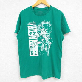 【中古】古着 半袖Tシャツ メンズ アニメ 僕のヒーローアカデミア 緑谷出久 グリーン デク コットン クルーネック 丸首 緑 Lサイズ 中古 中古メンズ半袖プリントキャラクター