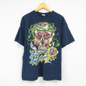 【中古】古着 半袖Tシャツ メンズ スカル 花 コットン クルーネック 丸首 紺 ネイビー Lサイズ 中古 中古メンズ半袖プリントキャラクター