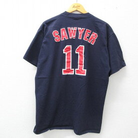 【中古】古着 マジェスティック 半袖 ビンテージ ヴィンテージTシャツ メンズ 00年代 00s MLB ボストンレッドソックス SAWYER 11 大きいサイズ 2L LL ビッグシルエット ゆったり ビッグサイズ オーバーサイズ コットン クルーネック 丸首 紺 ネイビー メジャーリーグ