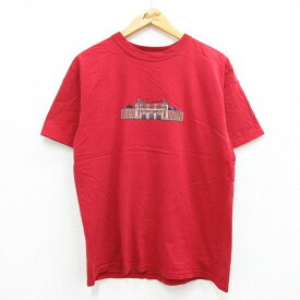 【中古】古着 半袖 ビンテージ ヴィンテージTシャツ メンズ 00年代 00s エリス島 建物 コットン クルーネック 丸首 エンジ Lサイズ 中古 | 春夏 夏物 夏服 ヴィンテージTシャツ メンズファッション カットソー ティーシャツ ティシャツ メンズTシャツ 半袖Tシャツ 半袖