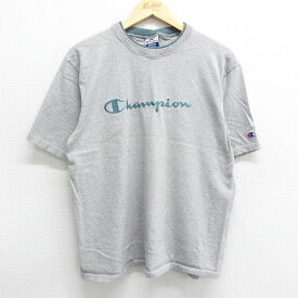 【中古】古着 チャンピオン Champion 半袖 ビンテージ ヴィンテージTシャツ メンズ 90年代 90s ビッグロゴ 刺繍 コットン クルーネック 丸首 USA製 アメリカ製 グレー 霜降り Lサイズ 中古 | 春夏 夏物 夏服 ヴィンテージTシャツ メンズファッション カットソー ティー