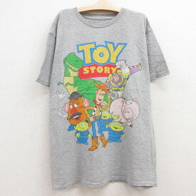 【中古】古着 半袖Tシャツ キッズ ボーイズ 子供服 ディズニー DISNEY ピクサー トイストーリー ウッディ バズライトイヤー クルーネック 丸首 グレー 霜降り | 春夏 春物 春服 秋冬 秋物 秋服 女の子 子ども服 こども服 カジュアル ファッション おしゃれ かわいい