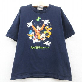 【中古】古着 半袖 ビンテージ ヴィンテージTシャツ キッズ ボーイズ 子供服 00年代 00s ディズニー DISNEY ミッキー MICKEY MOUSE ドナルド 両面プリント クルーネック 丸首 紺 ネイビー | 春夏 春物 春服 秋冬 秋物 秋服 女の子 子ども服 こども服 カジュアル ファッ