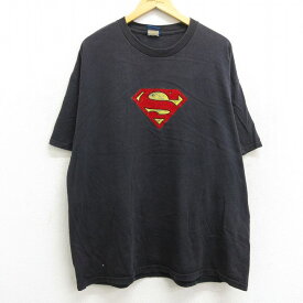 【中古】古着 半袖 ビンテージ ヴィンテージTシャツ メンズ 00年代 00s DCコミックス スーパーマン フロッキープリント 大きいサイズ 2L LL ビッグシルエット ゆったり ビッグサイズ オーバーサイズ コットン クルーネック 丸首 黒 ブラック XLサイズ 中古 551180