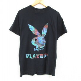 【中古】古着 半袖Tシャツ メンズ プレイボーイ PLAY BOY ビッグロゴ 大きいサイズ 2L LL ビッグシルエット ゆったり ビッグサイズ オーバーサイズ コットン クルーネック 丸首 黒 ブラック XLサイズ 中古 中古メンズ半袖プリントキャラクター