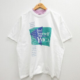 【中古】古着 半袖 ビンテージ ヴィンテージTシャツ メンズ 90年代 90s YMCA 大きいサイズ 2L LL ビッグシルエット ゆったり ビッグサイズ オーバーサイズ コットン クルーネック 丸首 USA製 アメリカ製 白 ホワイト XLサイズ 中古 | 春夏 夏物 夏服 ヴィンテージTシャ