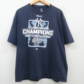 【中古】古着 マジェスティック 半袖 ビンテージ ヴィンテージTシャツ メンズ 00年代 00s MLB ニューヨークヤンキース ワールドシリーズ 大きいサイズ 2L LL ビッグシルエット ゆったり ビッグサイズ オーバーサイズ コットン クルーネック 丸首 紺 ネイビー メジャー