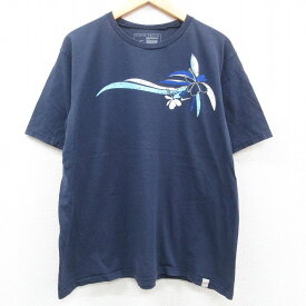 【中古】古着 ナイキ NIKE 半袖 ブランドTシャツ メンズ ハイビスカス 大きいサイズ 2L LL ビッグシルエット ゆったり ビッグサイズ オーバーサイズ コットン クルーネック 丸首 紺 ネイビー XLサイズ 中古 | 春夏 夏物 夏服 メンズファッション カットソー ティーシャ 2OF